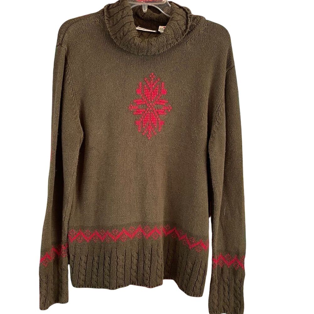 Vintage Northern Reflections Green Red Snowflake Turtleneck Knit Sweater XL
